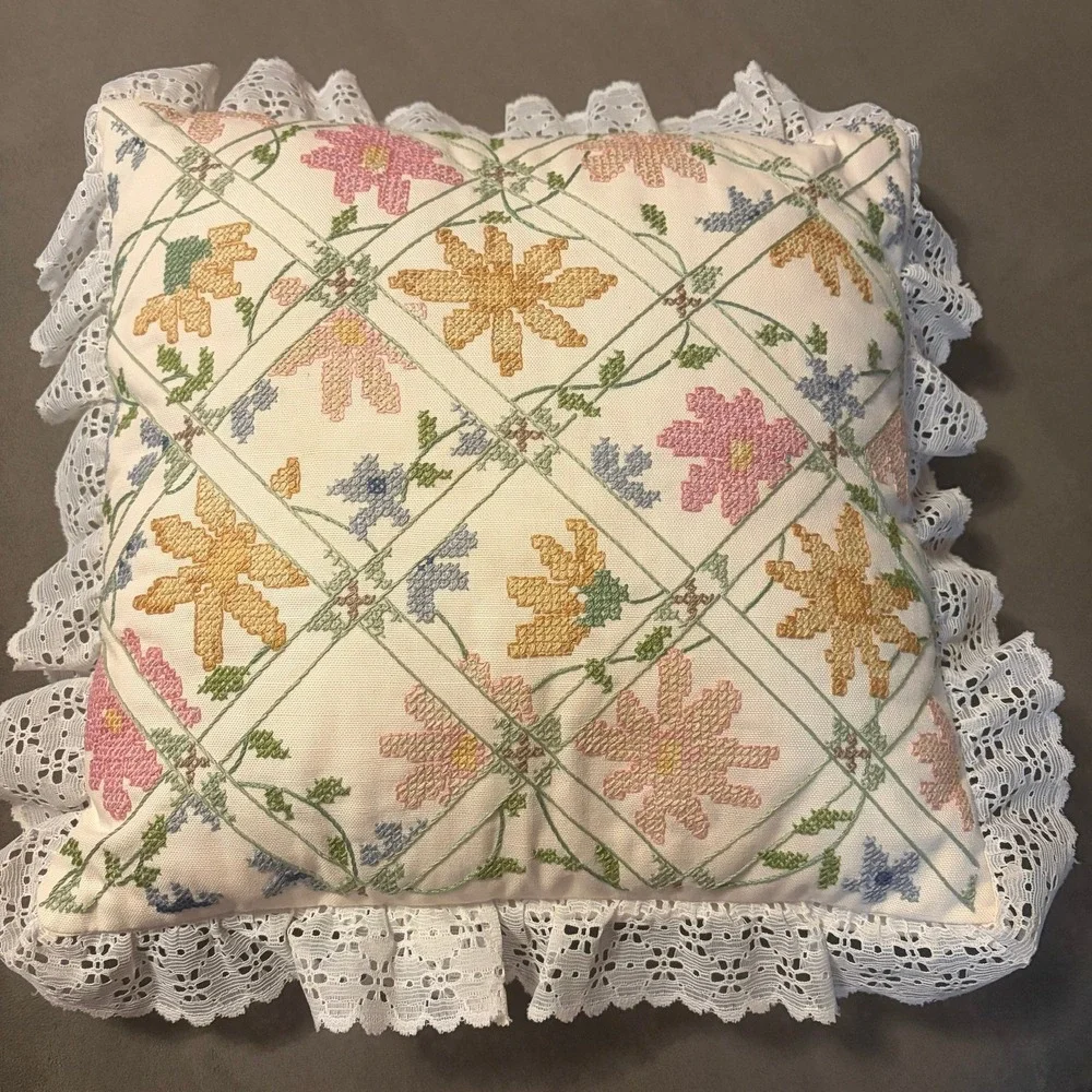 VTG Handmade Throw Pillow Cream Floral Cross Stitch Lace Trim Cottagecore Granny